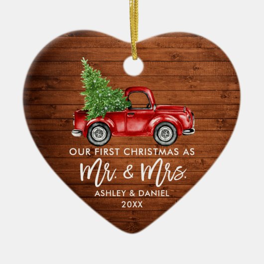 Brush Script Wood Red Truck Erstes Weihnachtslied Keramik Ornament (Vorne)