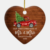 Brush Script Wood Red Truck Erstes Weihnachtslied Keramik Ornament (Hinten)