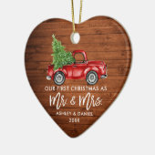 Brush Script Wood Red Truck Erstes Weihnachtslied Keramik Ornament (Links)