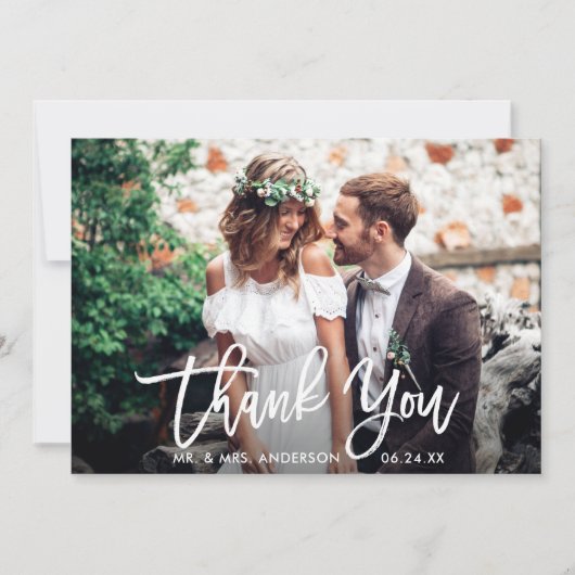 Brush Script Wood Wedding Foto Danke Karte (Vorderseite)
