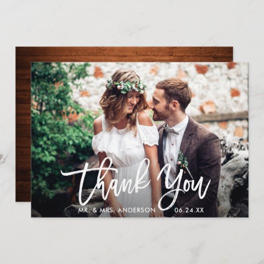 Brush Script Wood Wedding Foto Danke Karte (Vorne/Hinten)