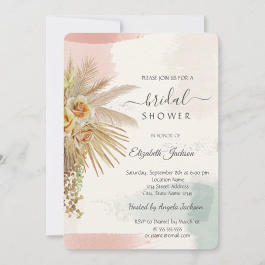 Brush Stroke, Boho Blume Brautparty Einladung (Vorderseite)