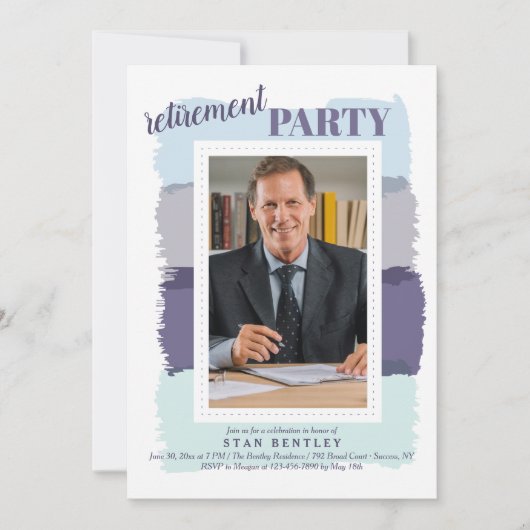 Brush Strokes Blue Foto Retirement Party Einladung (Vorderseite)