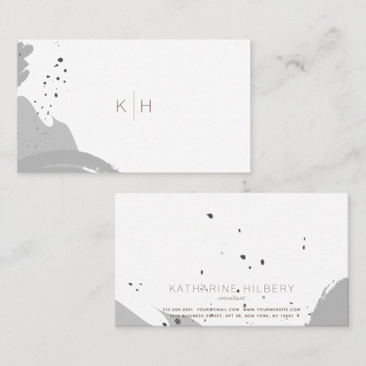 Brush Strokes Monogram Gray Business Card Visitenkarte (Vorne/Hinten)