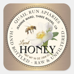 Brushed Bronze Wild Rose & Bee Honey Label Quadratischer Aufkleber