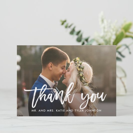 Brushed Charm Hochzeit Danke Foto Card Weiß (Stehend Vorderseite)