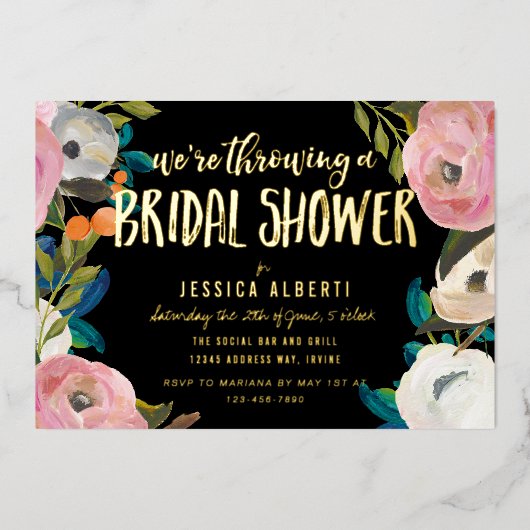 Brushed Floral Brautparty Gold Foil Einladung (Vorderseite)