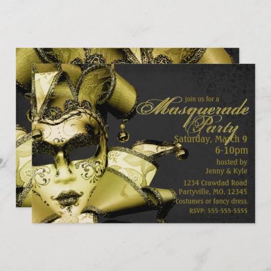 Brushed Gold Mardi Gras Masquerade Einladung (Vorne/Hinten)