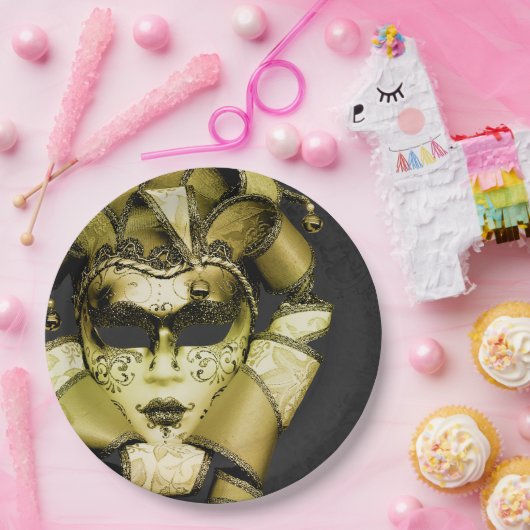 Brushed Gold Mardi Gras Masquerade Pappteller (Party)