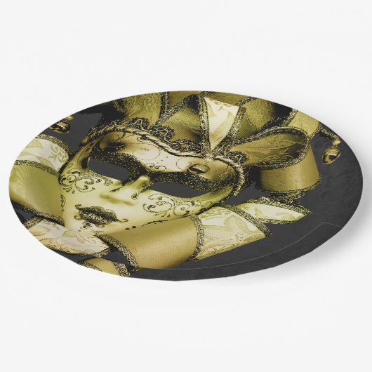 Brushed Gold Mardi Gras Masquerade Pappteller (Schrägansicht)