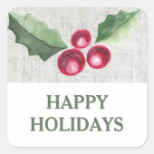 Brushed Holly and Berries Holiday Quadratischer Aufkleber (Vorderseite)