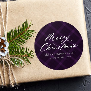 Brushed Lila Kariert Frohe Weihnachten Runder Aufkleber