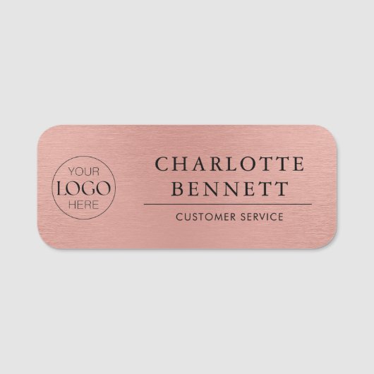 Brushed Metallic Rose Gold Logo Employee Staff Namensschild (Vorderseite)