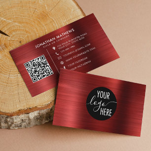 Brushed Metallic Ruby Red Company Logo QR Code Visitenkarte