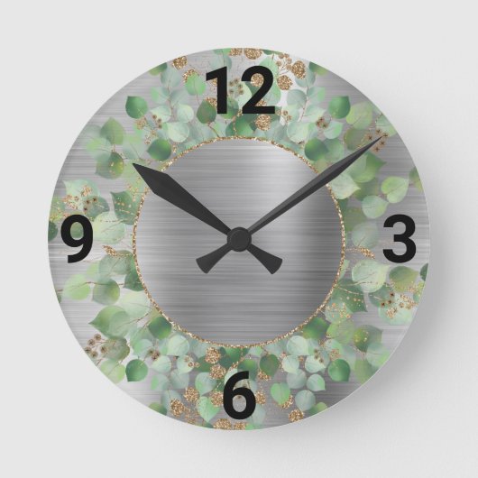 BRUSHED SILVER BOTANICAL EUCALYPTUS WALL CLOCK RUNDE WANDUHR (Vorderseite)