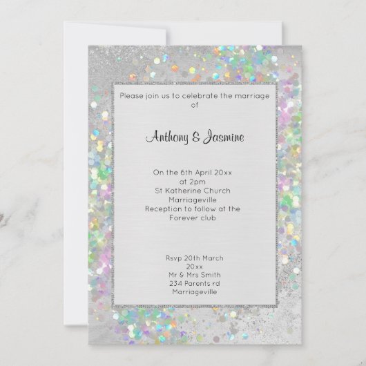 BRUSHED SILVER MARBLE HOLOGRAPHIC PASTEL WEDING EINLADUNG (Vorderseite)