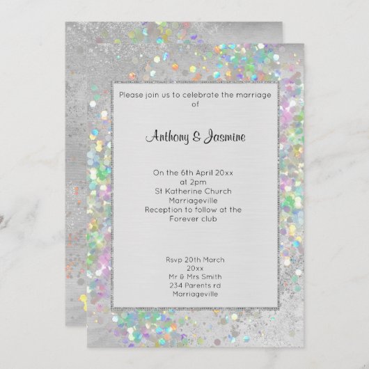 BRUSHED SILVER MARBLE HOLOGRAPHIC PASTEL WEDING EINLADUNG (Vorne/Hinten)