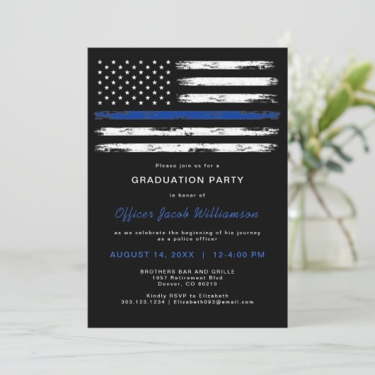 Brushed Thin Blue Line Polizeiamt Abschluss Einladung (Stehend Vorderseite)