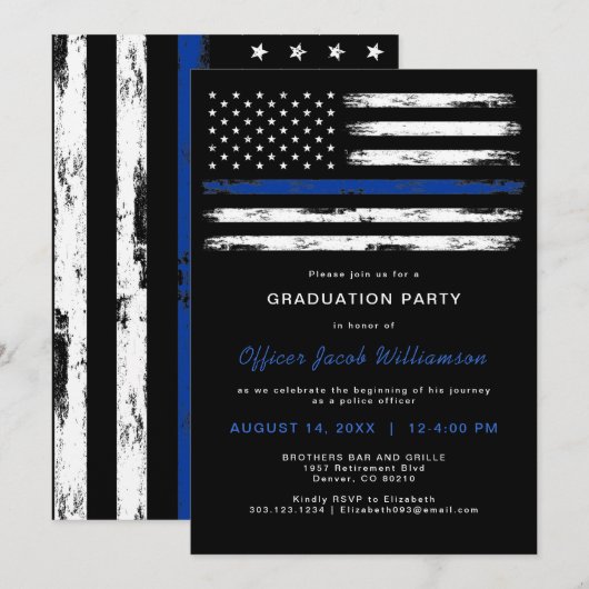Brushed Thin Blue Line Polizeiamt Abschluss Einladung (Vorne/Hinten)