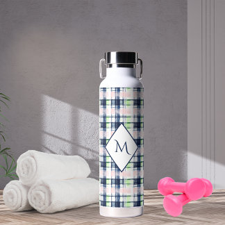 Brushstroke Navy Blue Preppy Kariert Mit Monogramm Trinkflasche
