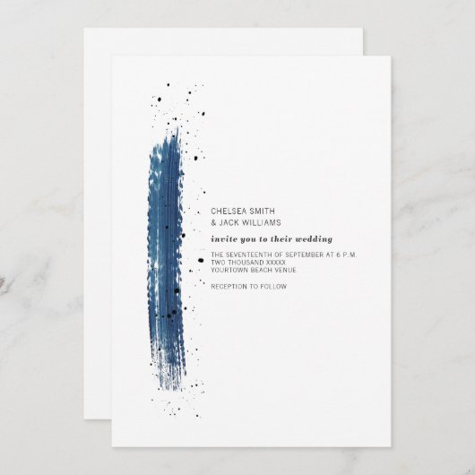 Brushstroke Speckle Blue Minimalistisch Modern Wed Einladung (Vorne/Hinten)