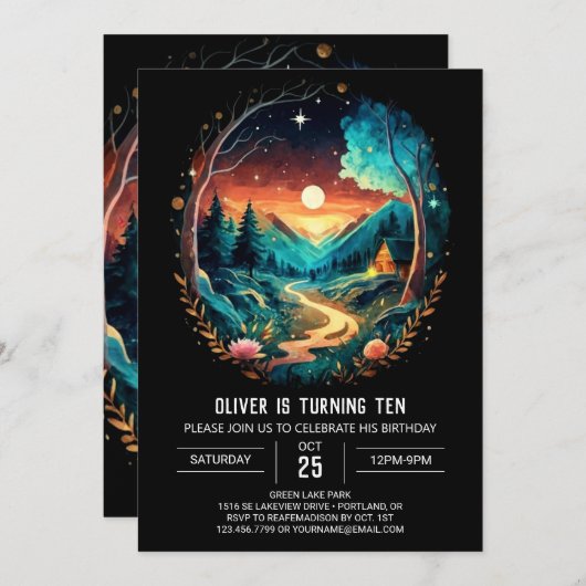 Brushwood Adventure Awaits Wonderland Geburtstag Einladung (Vorne/Hinten)