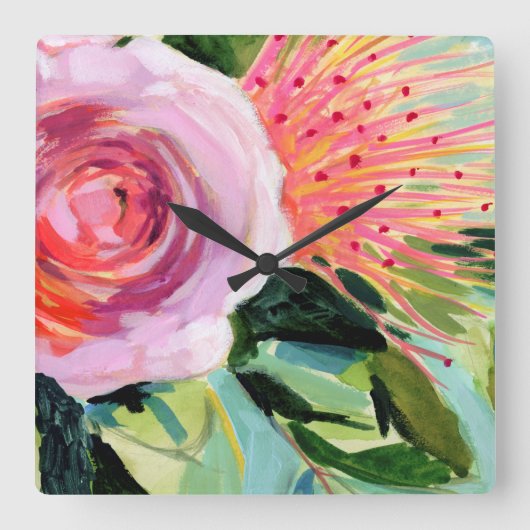 Brushy Floral I Quadratische Wanduhr (Vorderseite)