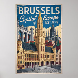 Brüssel Belgien Retro Skyline Stadtansicht Reise Poster