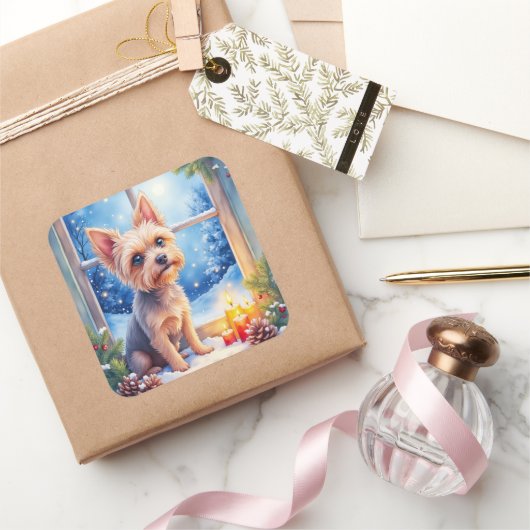 Brussels Griffon Frosted Window Christmas Art Quadratischer Aufkleber (Schenken)