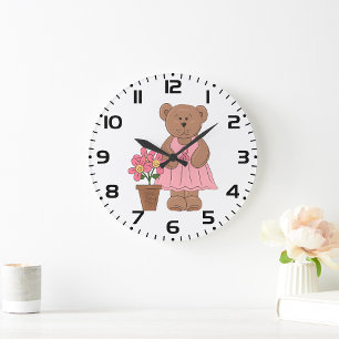 Brustkrebs-Bären in rosa Kleid Große Wanduhr