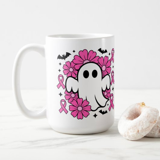 Brustkrebs-Bewusstsein mit rosa Blume Kaffeetasse (Mit Donut)