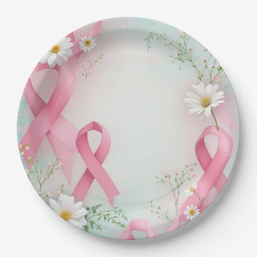 Brustkrebs-Bewusstsein Pink Ribbons and Daisis Pappteller (Vorderseite)