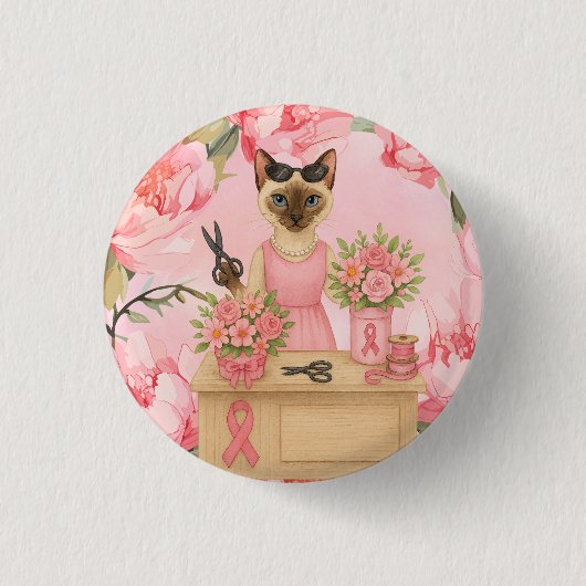 Brustkrebs-Bewusstsein Rosa Band Blumenthema Button (Vorderseite)