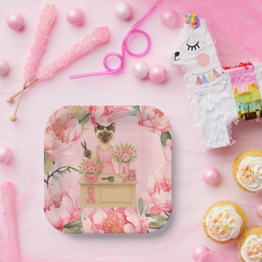 Brustkrebs-Bewusstsein Rosa Band Blumenthema Pappteller (Party)