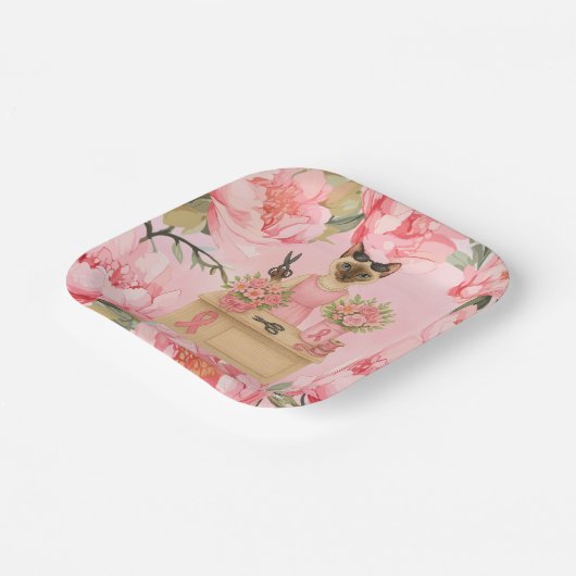 Brustkrebs-Bewusstsein Rosa Band Blumenthema Pappteller (Gewinkelt)