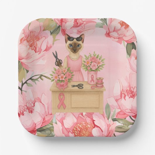 Brustkrebs-Bewusstsein Rosa Band Blumenthema Pappteller (Vorderseite)