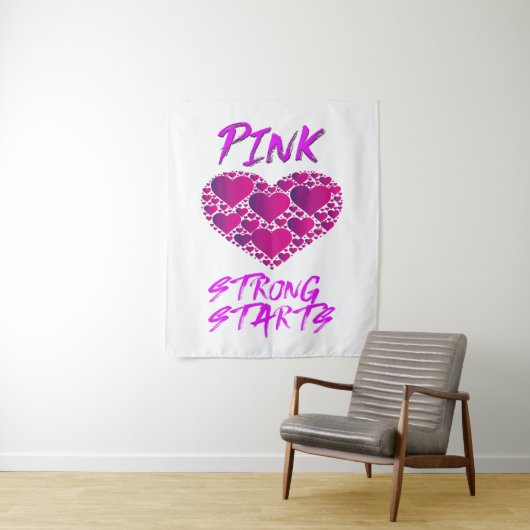 Brustkrebs-Bewusstsein: rosa Herzen, starker Start Wandteppich (Beispiel)