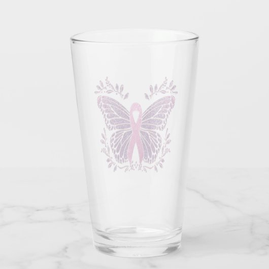 Brustkrebs-Bewusstsein Schmetterling Blumengrenze Glas (Rückseite)