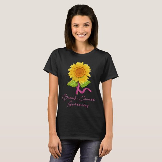Brustkrebs-Bewusstsein Sonnenblume Rosa Band T-Shirt (Vorne ganz)
