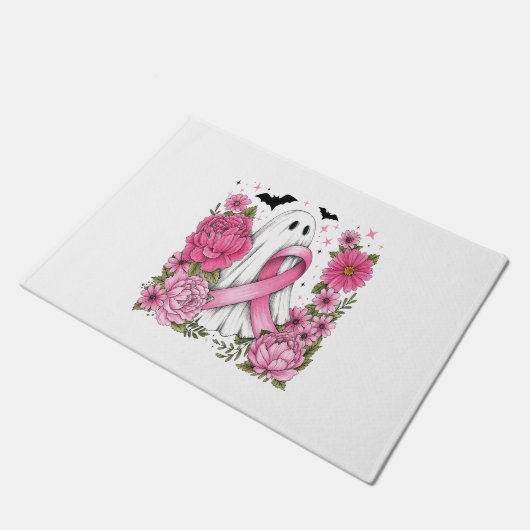 Brustkrebs Halloween Ghost Boho Fußmatte (Schrägansicht)