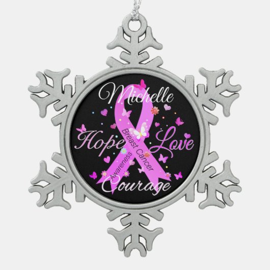 Brustkrebs Hoffnung Liebe Courage Snowflake Pewter Schneeflocken Zinn-Ornament (Vorderseite)