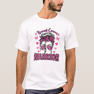 Brustkrebs Krieger Leopard Messy Bun T-Shirt