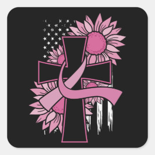 Brustkrebs Sonnenblume Rosa Band Kreuz Glaube Quadratischer Aufkleber