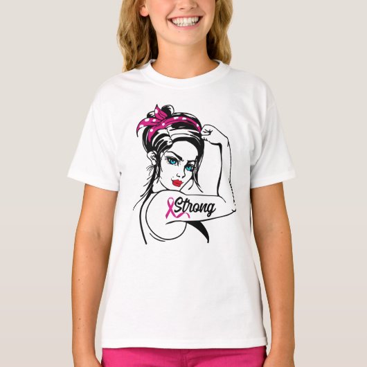 Brustkrebs stark Rosie The Riveter Pink Ribbon T-Shirt (Vorderseite)