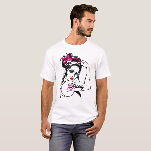 Brustkrebs stark Rosie The Riveter Pink Ribbon T-Shirt (Vorne ganz)