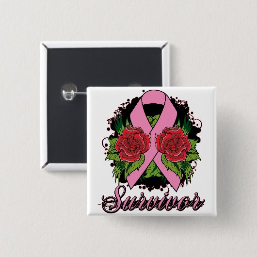 Brustkrebs Überleben Rose Tattoo Button (Vorne & Hinten)