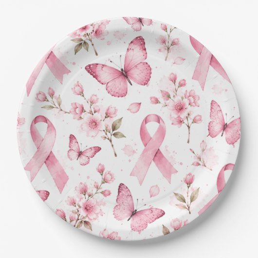 Brustkrebsbewusstsein mit rosa Schleife Pappteller (Vorderseite)