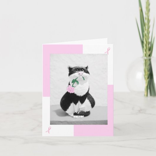 Brustkrebskarte Katze & Rosa Rose; rosa Ribbons Karte (Vorderseite)
