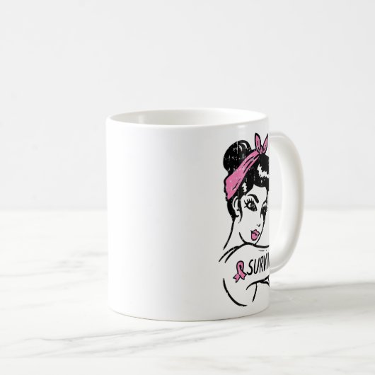 Brustkrebsüberlebung Rosie Riveter Pink Awarenes Kaffeetasse (VorderseiteRechts)