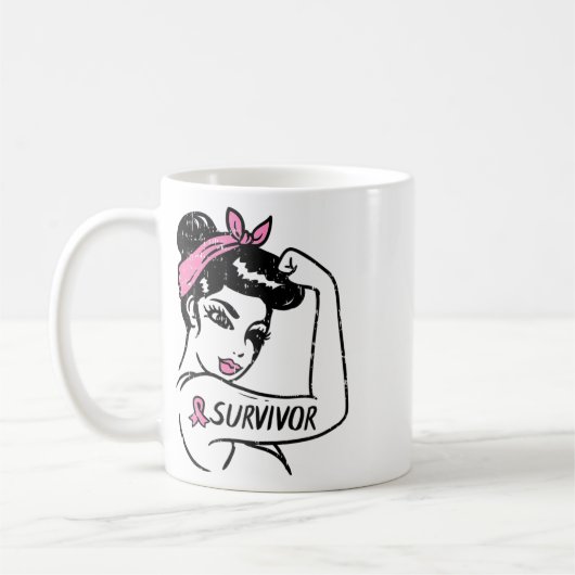 Brustkrebsüberlebung Rosie Riveter Pink Awarenes Kaffeetasse (Links)